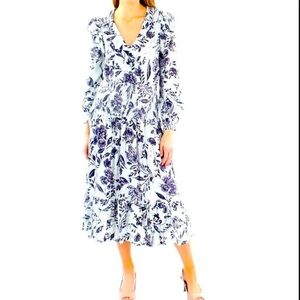 Aqua linen blend floral midi dress. Smocked hip. Purple/white. Size Medium. NWOT